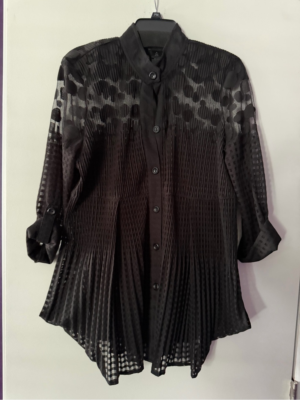Ali Miles Black Semi-Sheer Pleated Button Tunic